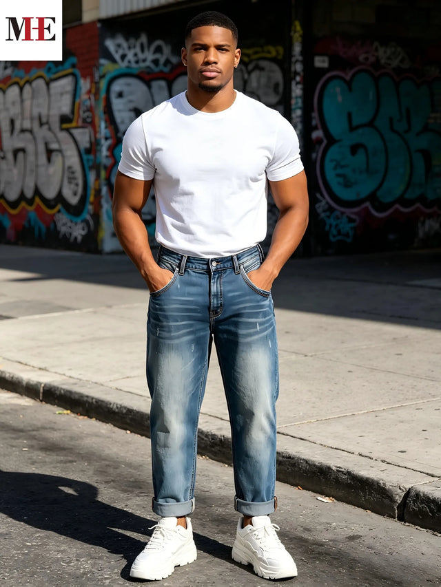 Men's Vintage Denim Pants, Straight Fit Washed Jeans with Contrast Stitching for Casual Wear