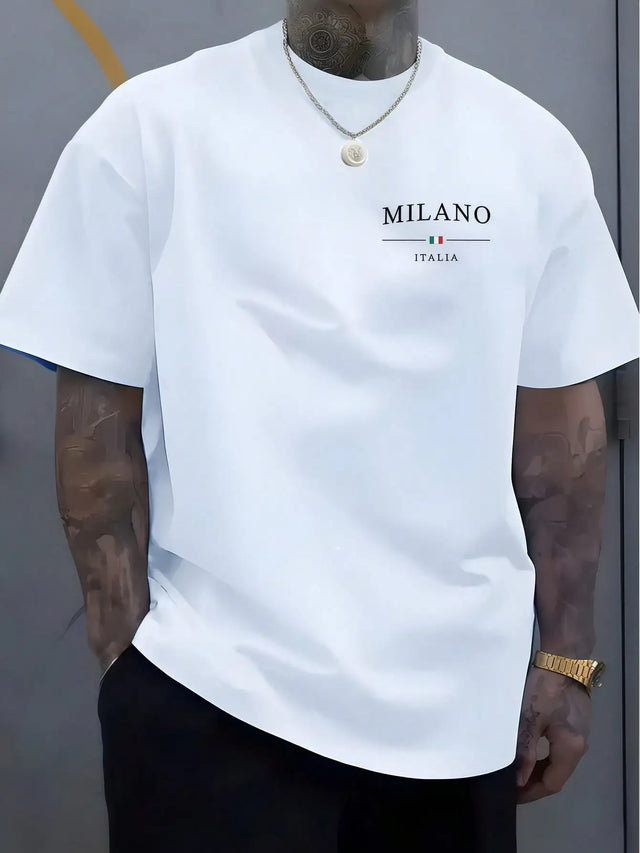 1pc Men's Milano Italia Print White T-Shirt, Unisex Casual Crew Neck T-Shirt, For Summer