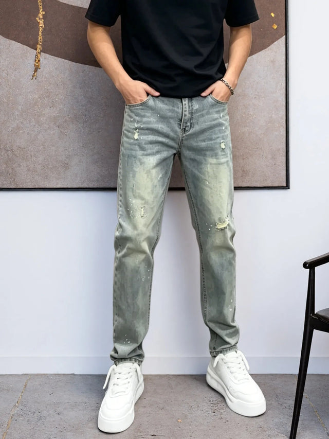 Men's Ripped Paint Splatter Denim Pants, Men Retro Faded Washed Denim Jeans