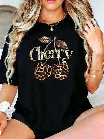 Women's Cherry Leopard Cotton Graphic T-Shirt – Plus Size