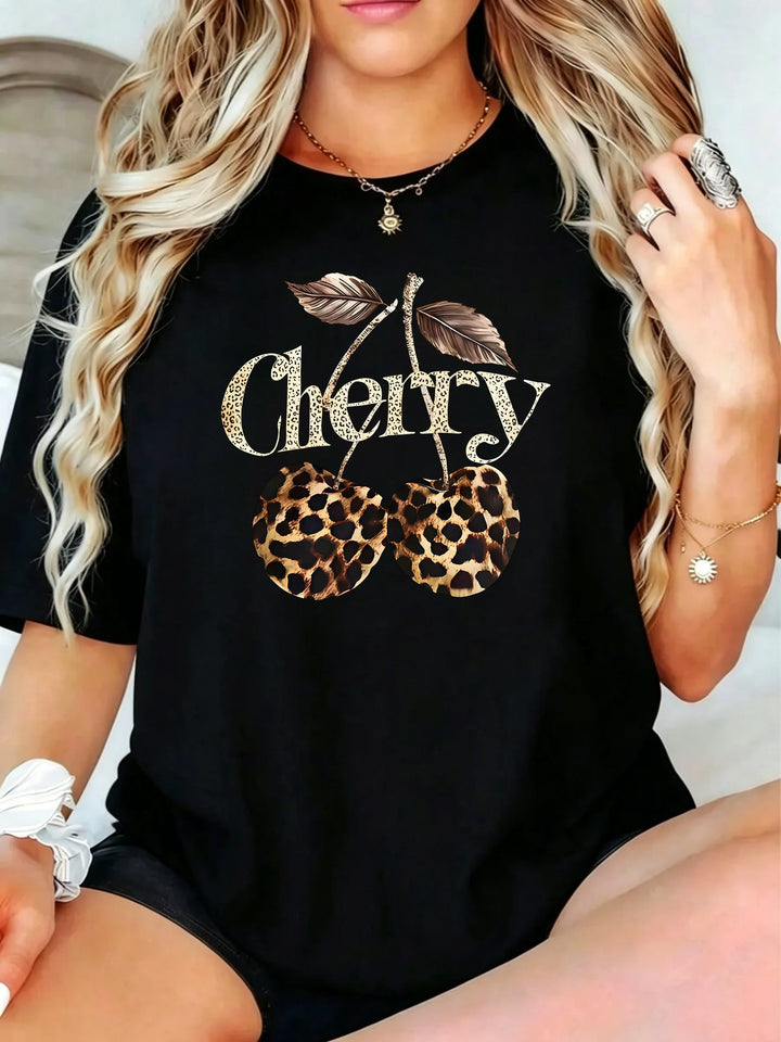Women's Cherry Leopard Cotton Graphic T-Shirt – Plus Size