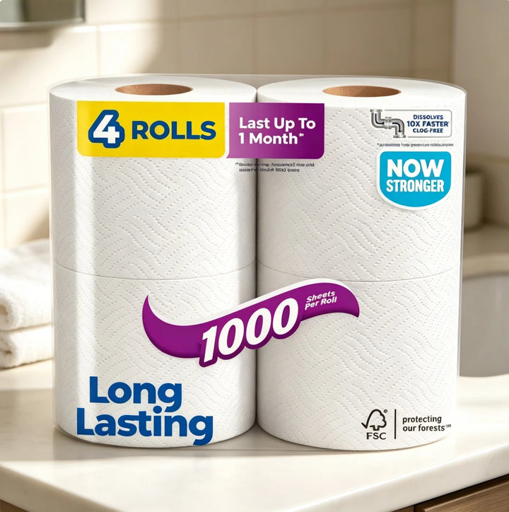 Septic-Safe 1-Ply Toilet Paper, 4 Rolls – 1,000 Sheets Each