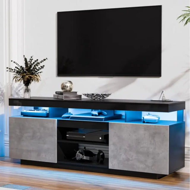 70 Inch LED TV Stand with Power Outlets, Entertainment Center, LED Lights