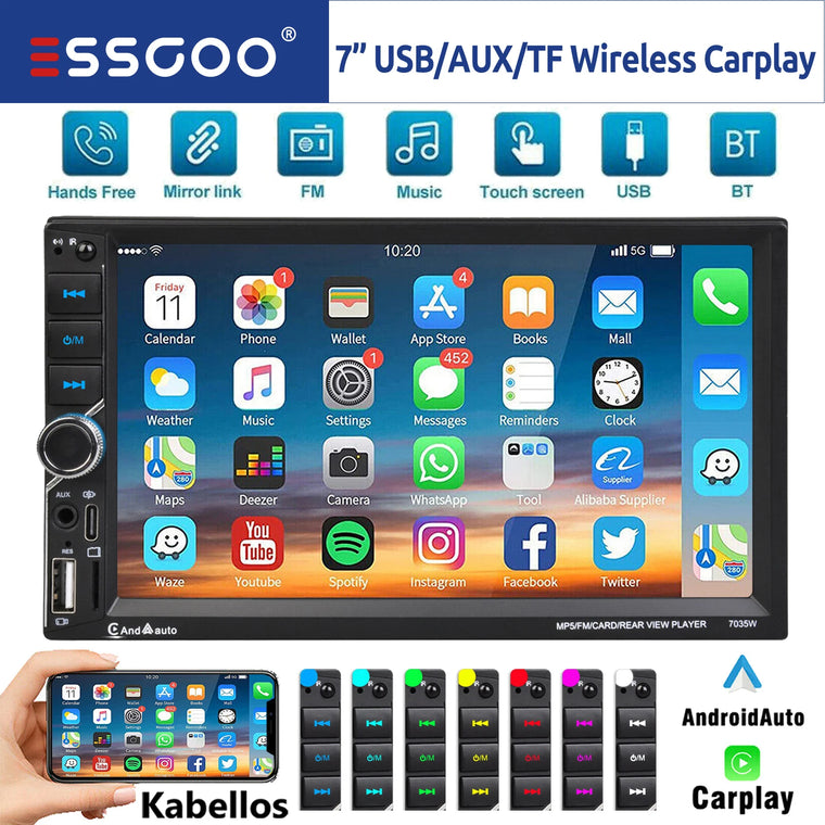 ESSGOO 7-Inch Double-DIN Car Stereo with Wireless CarPlay & Android Auto