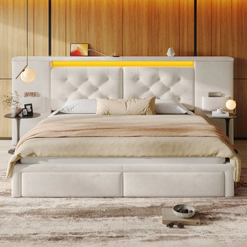 Bed Frame with Oversized Headboard & LED Light & Charging Station