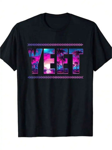 Men's Clothing Yeet Palm Tree Print Black T-Shirt Unisex Casual Round Neck T-Shirt