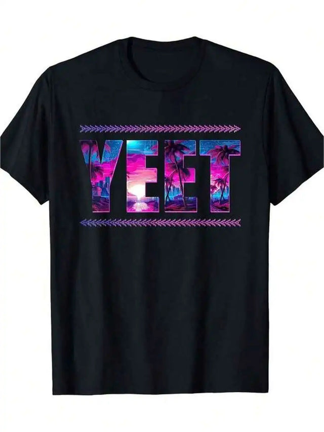 Men's Clothing Yeet Palm Tree Print Black T-Shirt Unisex Casual Round Neck T-Shirt
