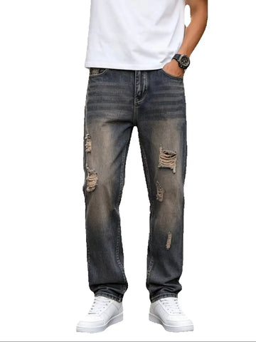 Men's Distressed Ripped Denim Pants For Men, Vintage Mud-Wash Straight Denim Jeans
