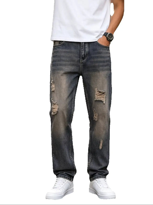 Men's Distressed Ripped Denim Pants For Men, Vintage Mud-Wash Straight Denim Jeans