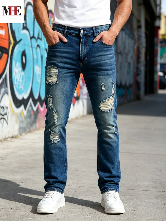 Men's Classic five-pocket straight leg denim pants with natural faded whisker craft