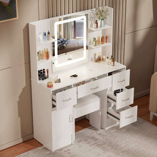 Dressing Table Stool Set LED Dimmer Mirror Makeup Vanity Desk White Bedroom Furniture Vanity