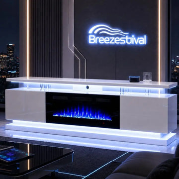 80 TV Stand with White Entertainment Center, Black Electric Fireplace, Storage Cabinets