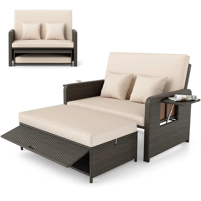 Moccha Outdoor Daybed, Wicker Loveseat Sofa Set with 4-Postion Adjustable Backrest