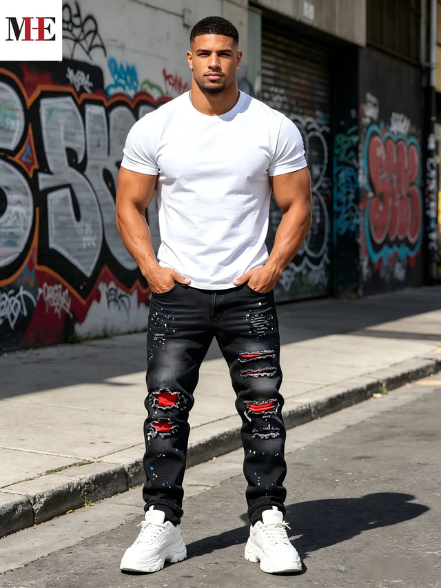 Men's Street Denim Pants, Vintage Slim Skinny Jeans with Rips & Patches for Looks