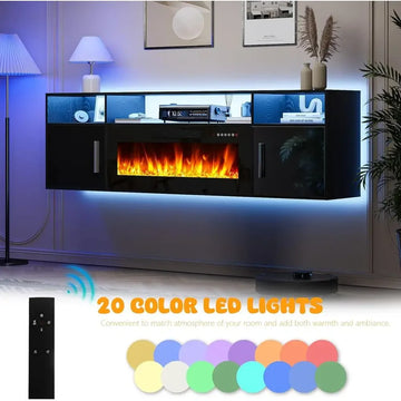 70 Floating TV Stand with 36 Electric Fireplace, LED Light Entertainment Center