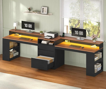 96.6-Inch Two-Person Gaming Desk with LED Lights, Power Outlets & Storage
