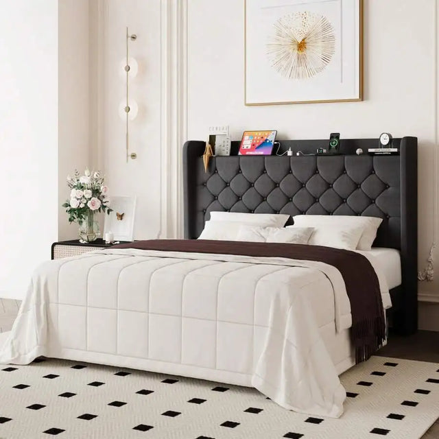 Full/Queen/King Size Bed Frame, Storage Headboard With Charging Station