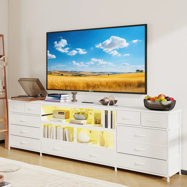 12-Drawer Fabric Dresser & TV Stand - 71" Wide, Supports 85" TVs, LED Lighting