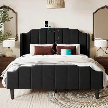 Vintage Full/Queen Size Velvet Platform Bed Frame With Curved Vertical Tufted Wingback