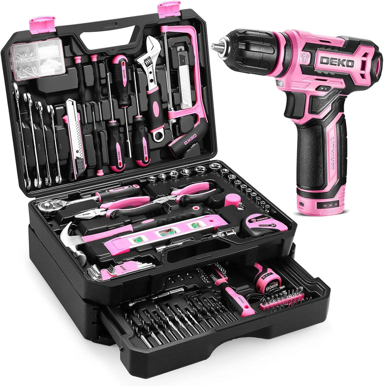 DEKO Home Mechanics Tool Set with 12V Cordless Drill & Drawer Case