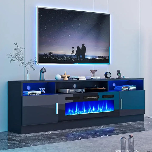 70-80 TV Stand with Power Outlet, LED-lit Entertainment Center, Storage Cabinet