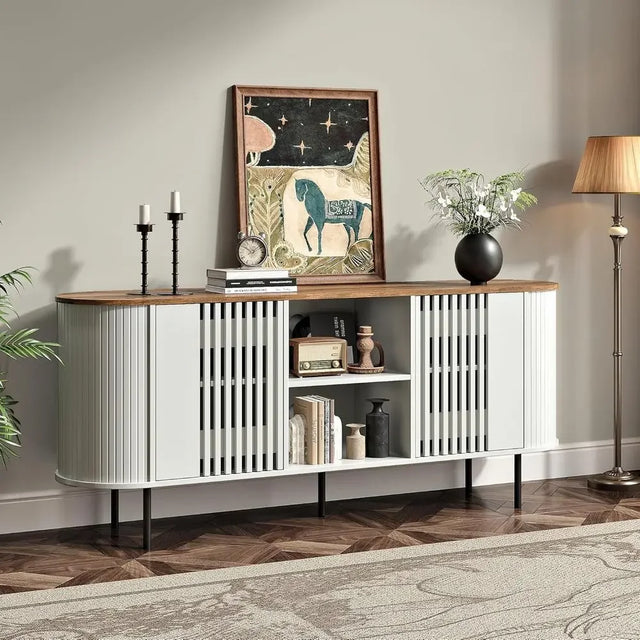Modern 75 TV Stand with Curved Design, Adjustable Shelves