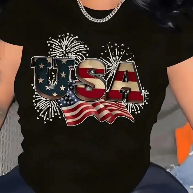 Women's American Flag Print T-Shirt - Comfortable and Casual Short-Sleeved Round-Neck T-Shirt