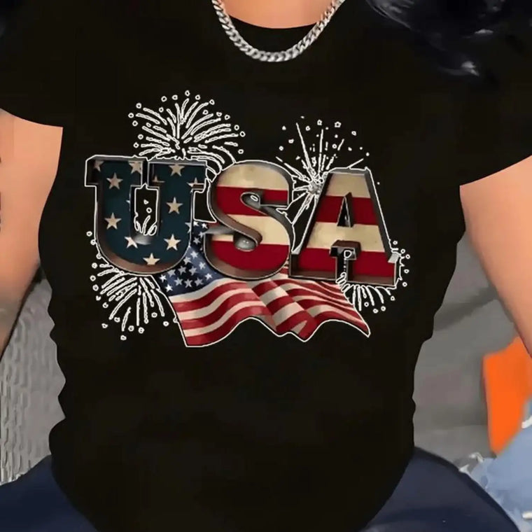 Women's American Flag Print T-Shirt - Comfortable and Casual Short-Sleeved Round-Neck T-Shirt