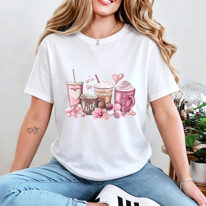 Women's Coffee & Floral Heart Cotton Graphic T-Shirt – Plus Size