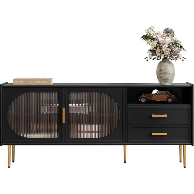 60 TV Stand for 55-65 TVs, Glass Door Media Table with Drawers, Entertainment Center