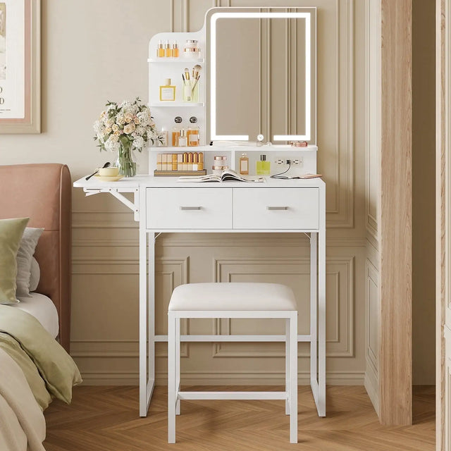 Fairy White Makeup Vanity Desk with Mirror, Lights, Power Outlet