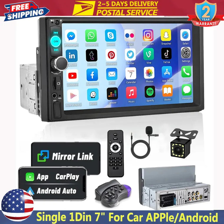 Universal 7-Inch Single-DIN Touchscreen Car Stereo with CarPlay & Camera