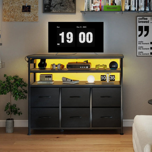 TV Stand Dresser For Living Room With 6 Fabric Drawers Storage Up to 45 inch TV Wood Top TV