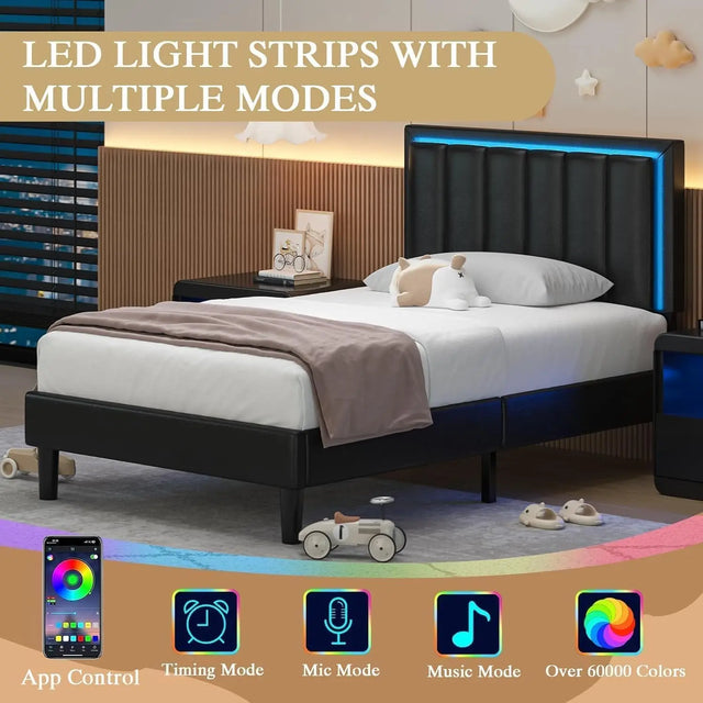 Twin Bed Frames, Upholstered Bed Frame Twin Size with Headboard, RBG LED Lights
