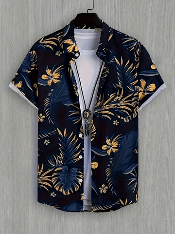 Tropical Leaf And Floral Print Casual Short Sleeve Button Up Men Shirt Summer Beachwear