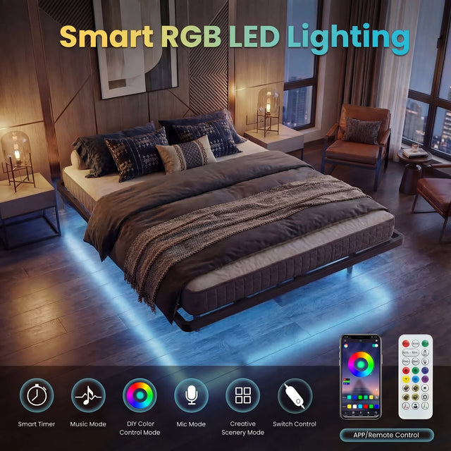 Twin/Full/Queen/King Size Heavy Duty Floating Bed Frame with Smart LED Lights and Charging