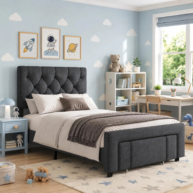 Twin Size Upholstered Bed Frame With 2 Storage Drawers, Platform Bed With Headboard