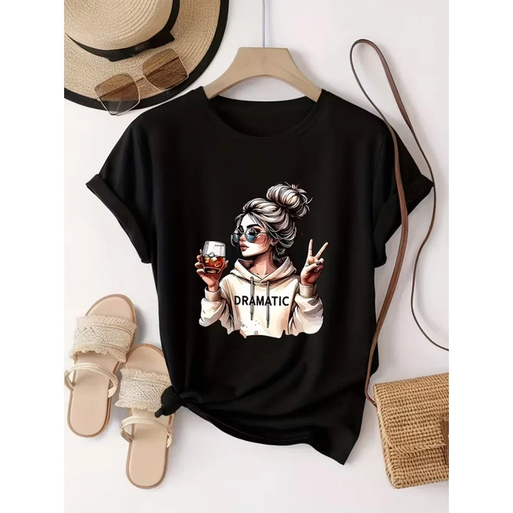 Women's Cartoon Girl Cotton Graphic T-Shirt – Plus Size