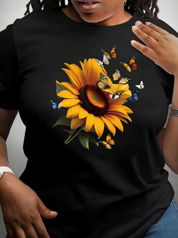 Women's Black Sunflower Butterfly Print T-Shirt Semi Formal Top Vibrant Yellow Sunflower Brown