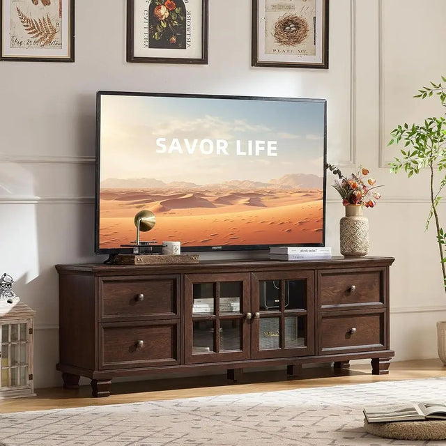 Brown Wooden TV Stand with Storage for Living Room, 4 Shelves