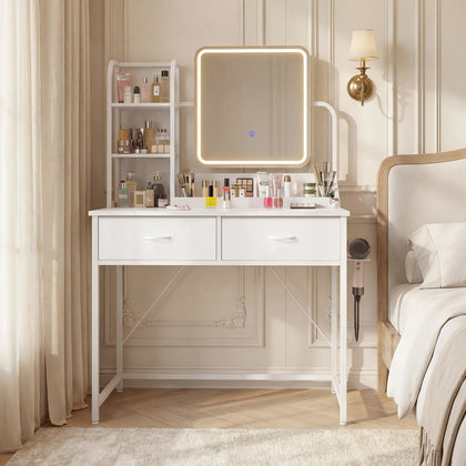 LED Makeup Vanity Desk with 2 Fabric Drawers & Power Charging Station