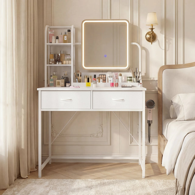 LED Makeup Vanity Desk with 2 Fabric Drawers & Power Charging Station