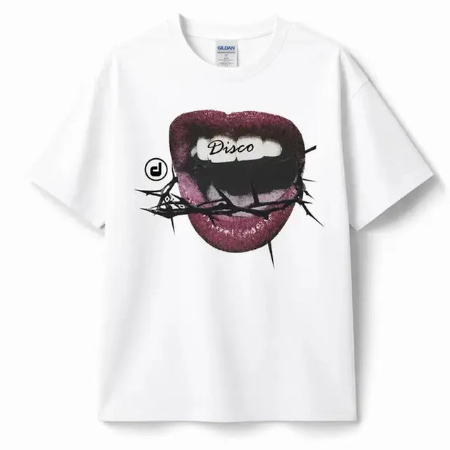Grillz Lip Graphic Vintage Washed Heavy Cotton Unisex Crew Neck T-Shirt Short Sleeve Streetwear