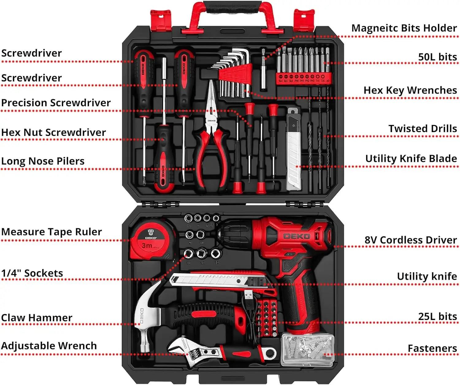 DEKO 126-Piece Home Tool Kit with 8V Cordless Drill – product detail 6