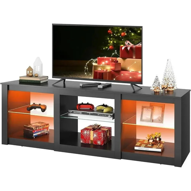 65-70 Inch LED TV Stand with Adjustable Glass Shelves, RGB Lights