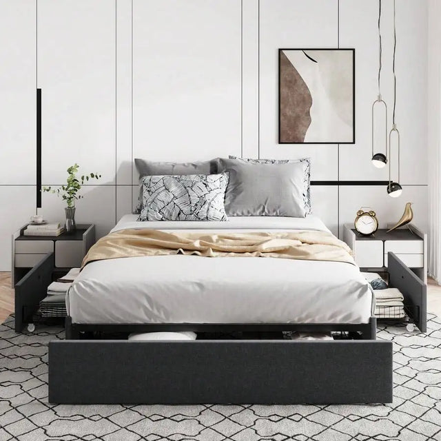 Upholstered Full/Queen Platform Bed Frame With 3 Storage Drawers, No Fixed Headboard Design