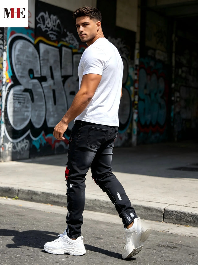 Men's Black Gray Denim Pants, Plaid Patch Paint Splatter Slim Skinny Jeans for Streetwear
