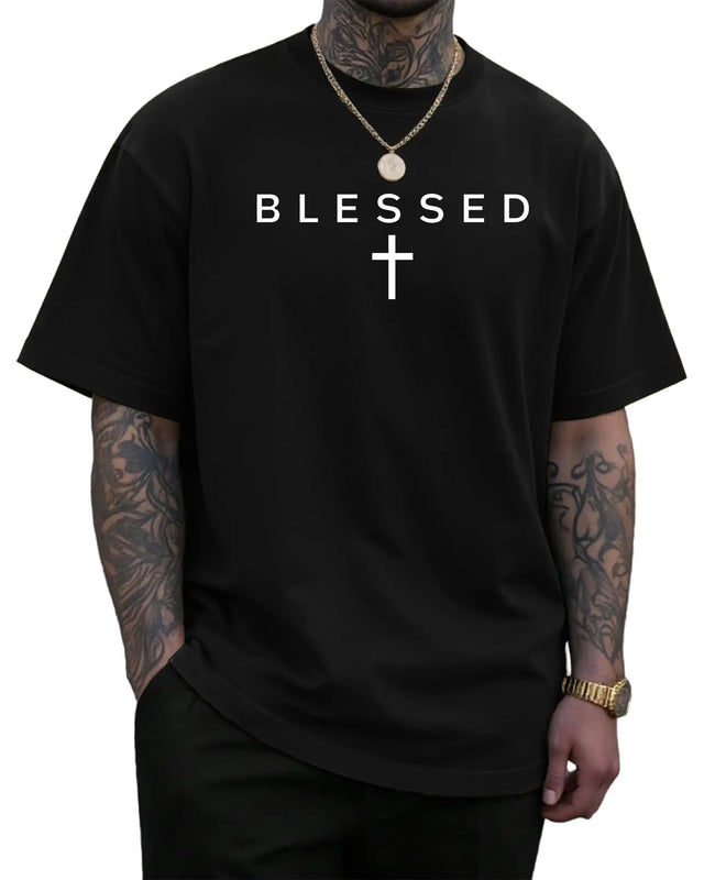 [Blessed" Cross Print T-Shirt] Lightweight 100% Cotton Men's "Blessed" Cross Print T-Shirt