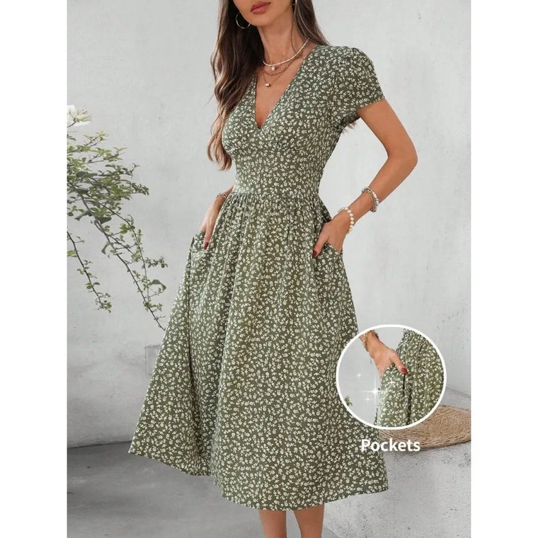 Classic Women V-Neck Short Sleeve Ruched A-Line Elegant Everyday Holiday Casual Green Ditsy