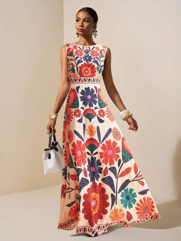Women's Floral Embroidery Maxi Dress Sleeveless Round Neck A-Line Long Dress Summer Beach Wedding